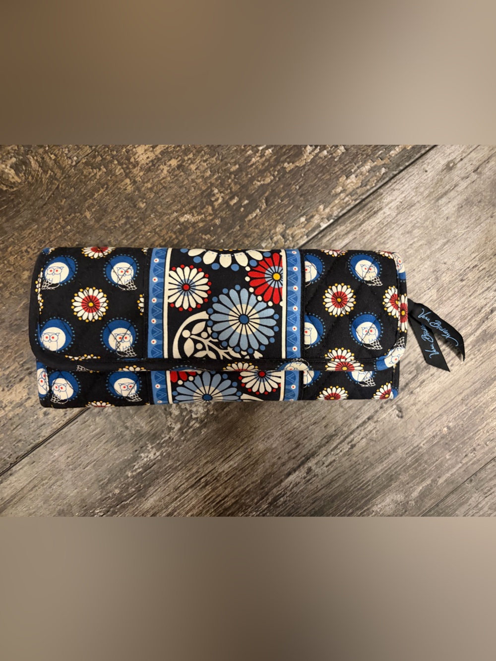 Vera Bradley Black Quilted Floral Cosmetic Roll with Blue and Red Accents